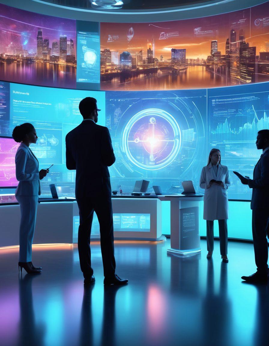 A dynamic scene showcasing a diverse group of professionals collaborating around a holographic interface displaying innovative IT solutions and digital tools. In the background, silhouettes of various industries like healthcare, finance, and retail are symbolized, blending technology with business growth. The atmosphere is vibrant and inspiring, emphasizing the transformative power of online services. super-realistic. vibrant colors. futuristic theme.