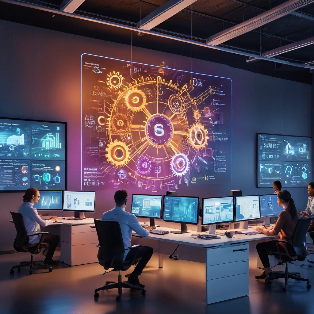 A bustling modern office scene showcasing a diverse team of professionals collaborating on digital solutions. On one side, a screen displays innovative technology and data analytics. Include symbols of empowerment like light bulbs and gears floating around. The atmosphere is vibrant and filled with positive energy. super-realistic. vibrant colors. 3D.